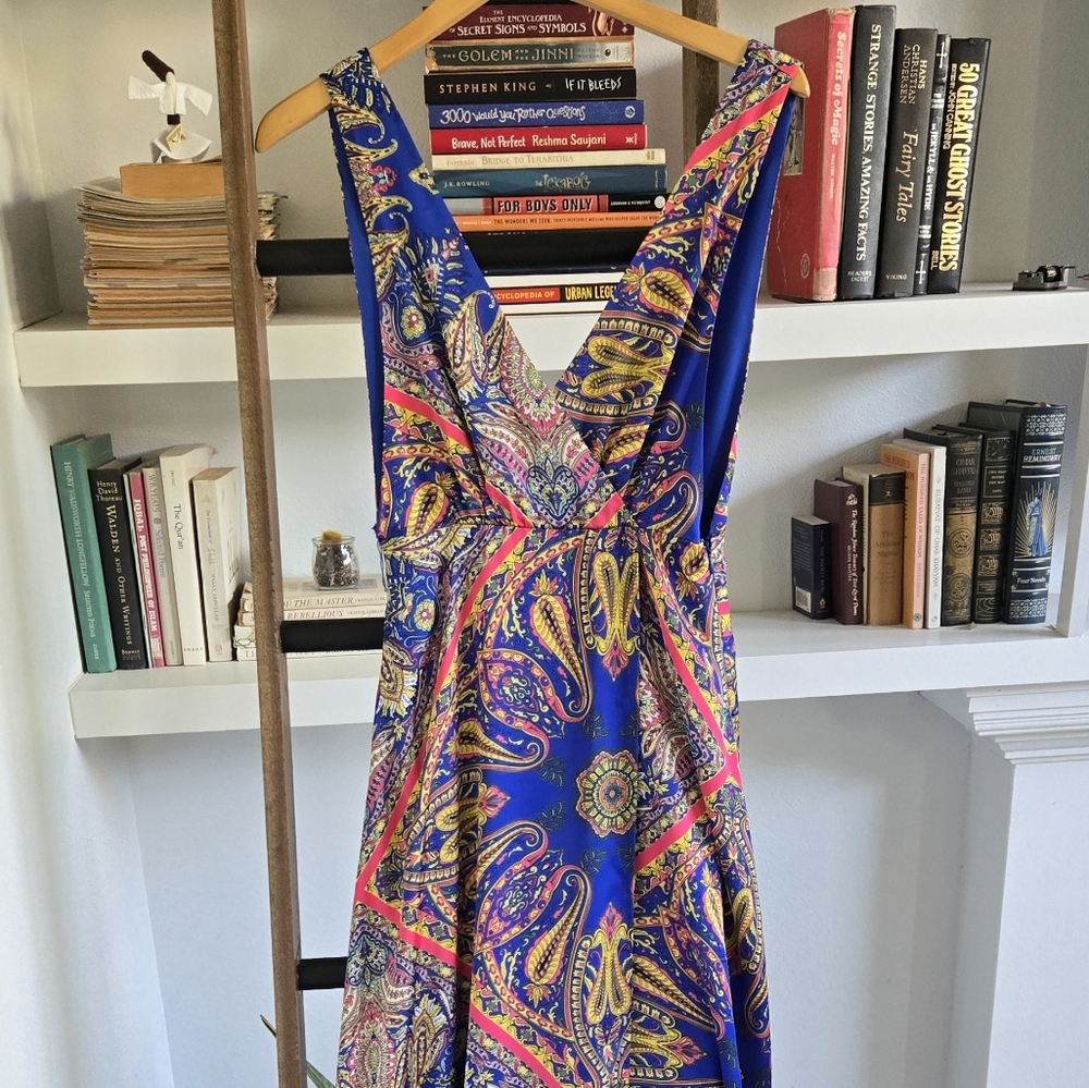 Paisley Print Blue Silky Maxi Dress